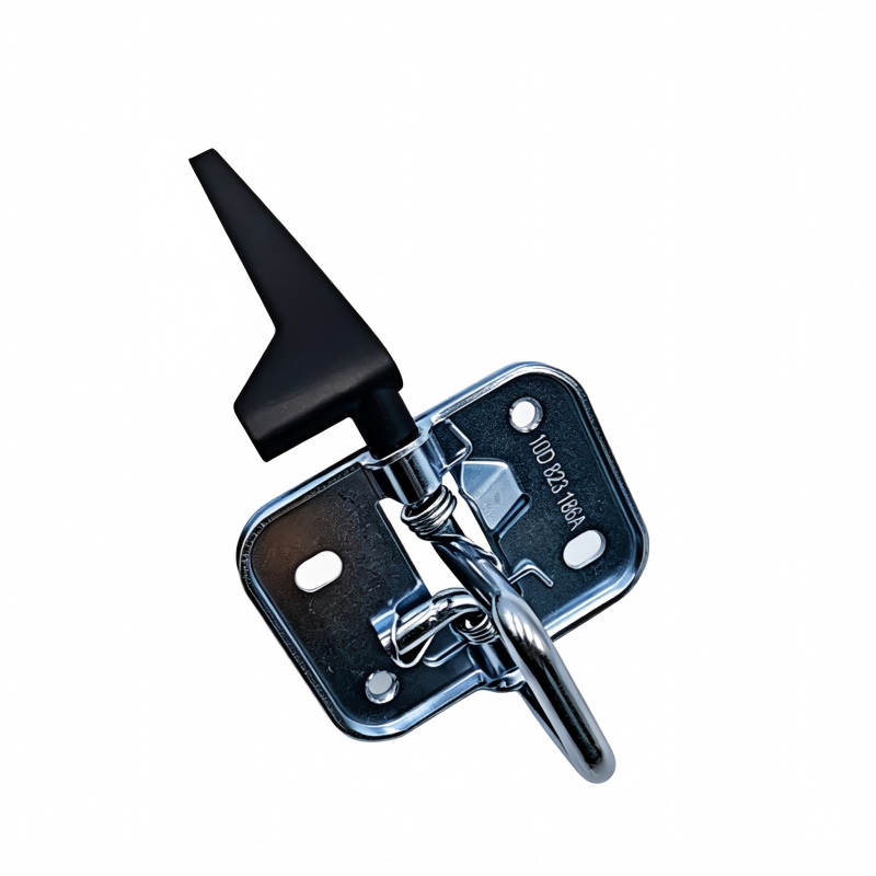 Hood latch with black handle, chrome latch pin, and silver metal mounting frame