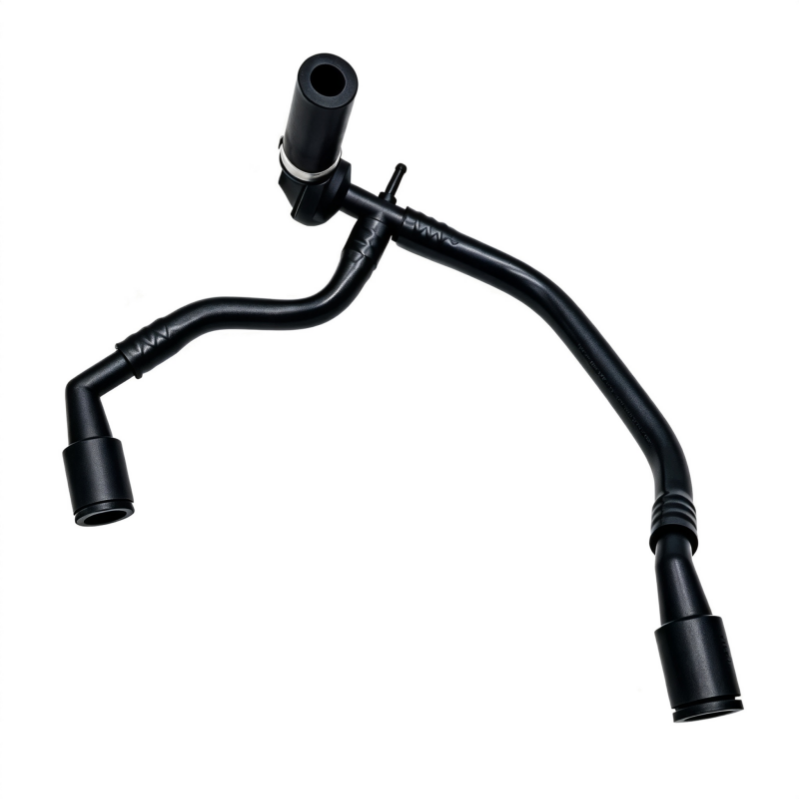 Crankcase vent hose with multiple curved sections and two molded outlet ends