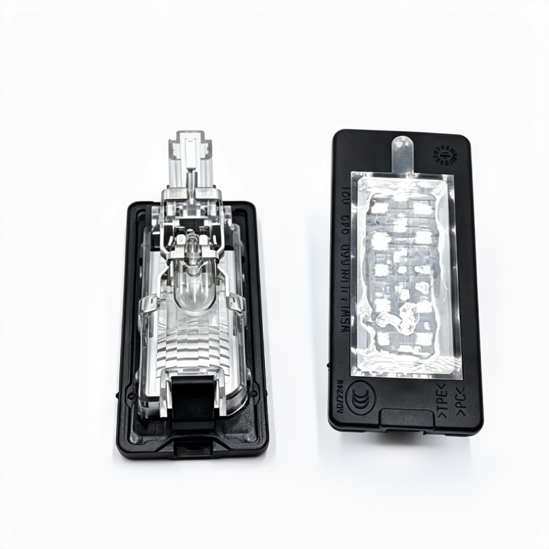 Pair of license plate lights: front clear-lens cover and exposed interior bracket