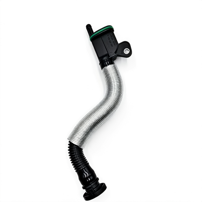 Engine oil separator hose with silver corrugated tubing and black sensor-style connector