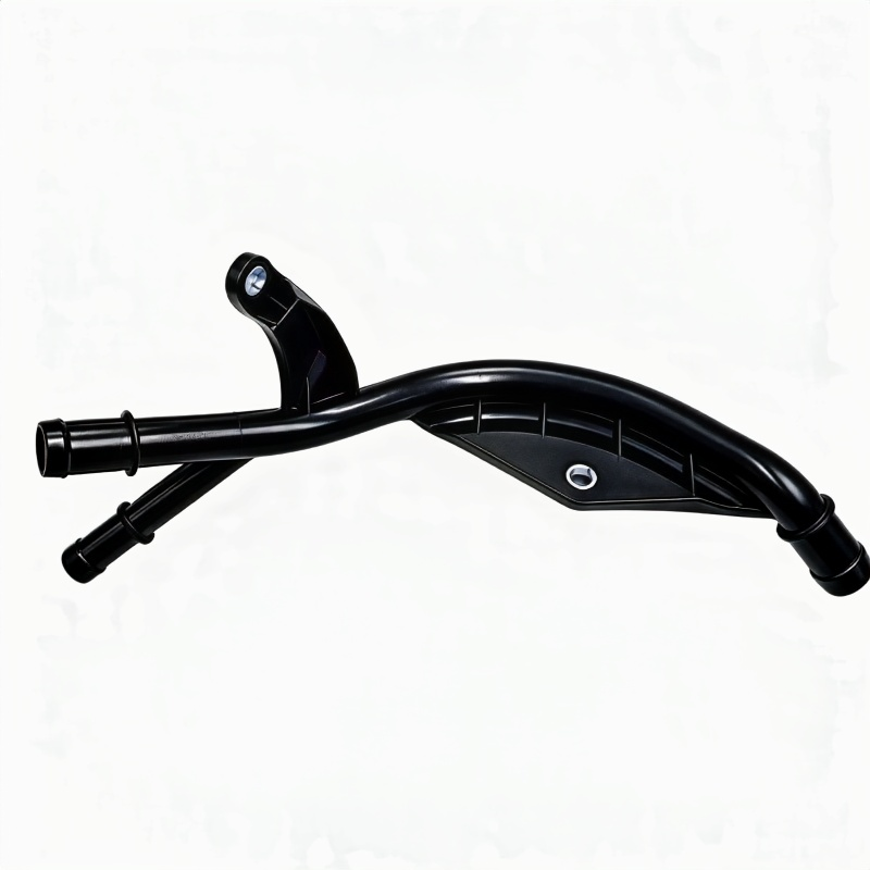 Black coolant hose assembly with curved branch section and metal clamp