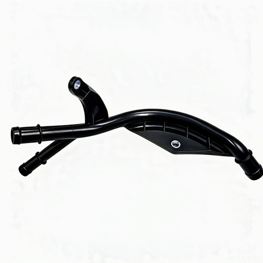 Black coolant hose assembly with curved branch section and metal clamp
