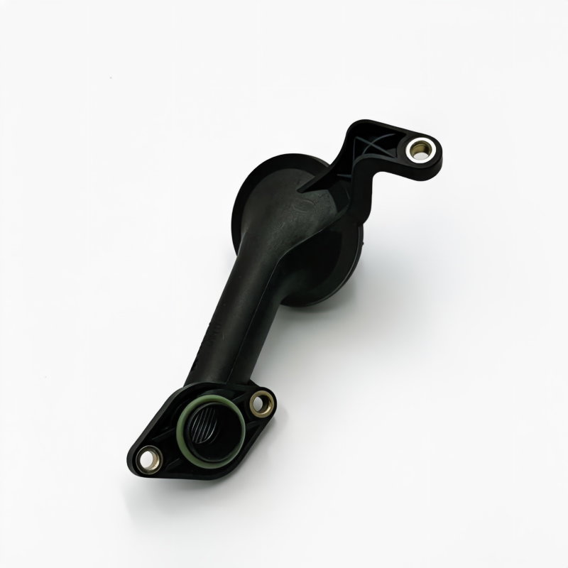 Black oil pump pickup tube with round strainer and two bolt holes