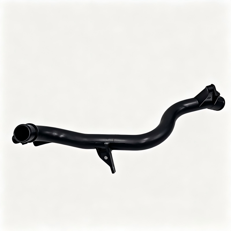 Black coolant hose with two hose ends and mounting bracket