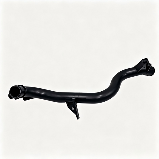 Black coolant hose with two hose ends and mounting bracket