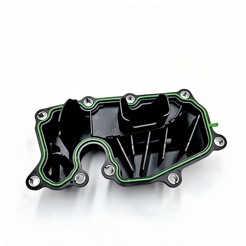 Oil separator cover with green gasket edge, internal baffles, and multiple bolt holes