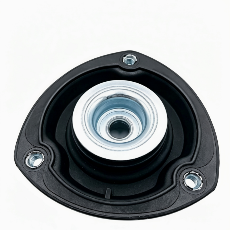 Front strut mount assembly with three bolt studs, black base, silver center hub