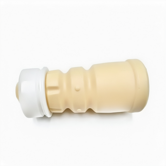 Rear suspension bump stop, beige cylinder with white end cap and molded ridges