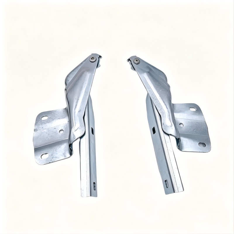 Two metal hood hinges, silver arms with pivot caps and bracket mounting holes