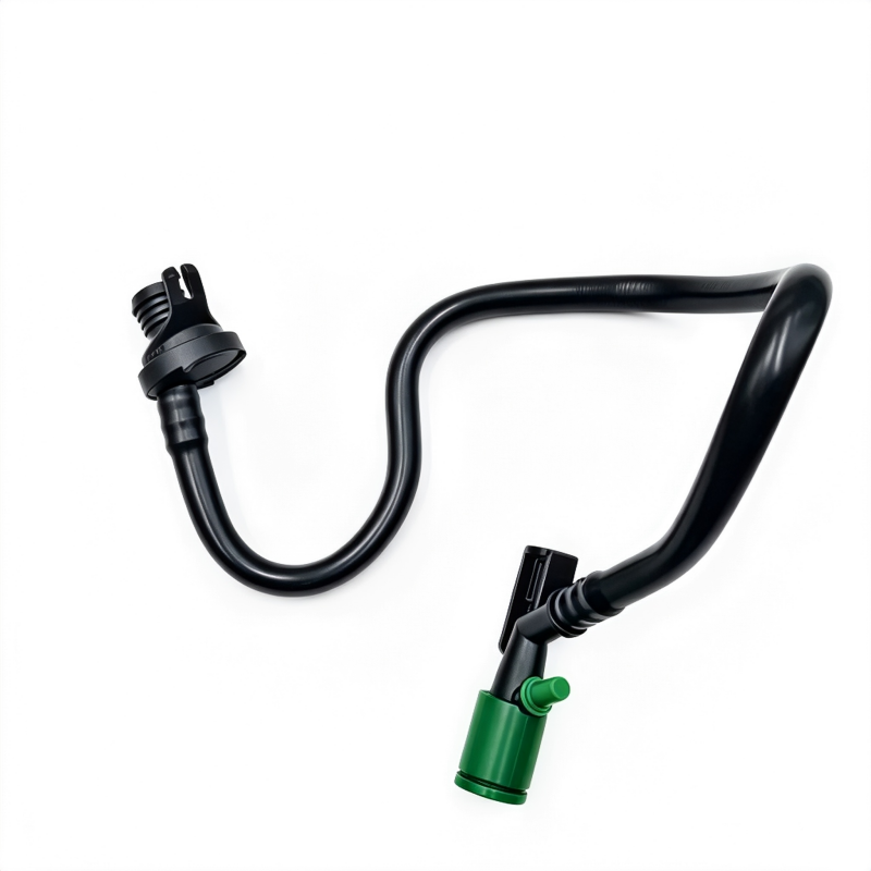 Brake booster vacuum hose assembly with U-bend and green-capped vacuum port, black.