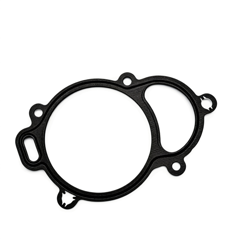 Black exhaust gasket with large round seal and four bolt holes