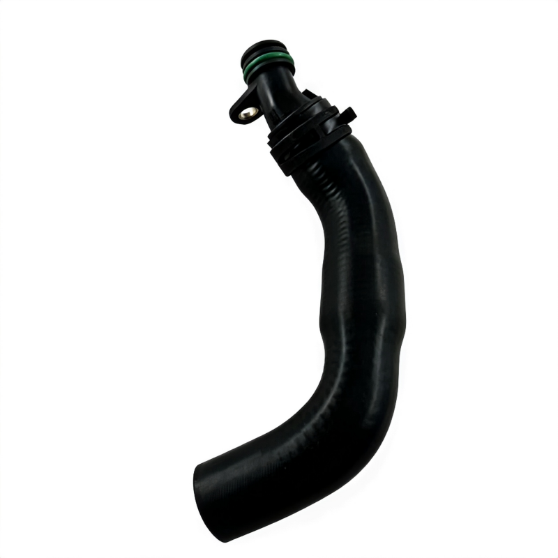 Curved black coolant hose connector with green O-ring and ribbed coupler section