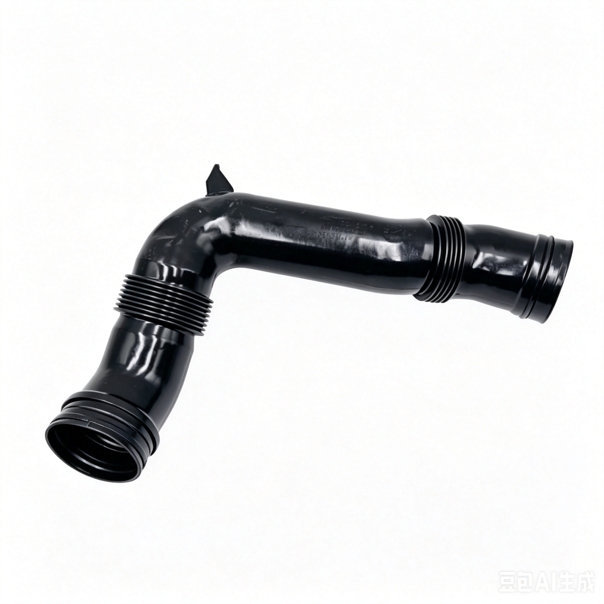 Black air intake hose with two elbow bends and ribbed connector ports