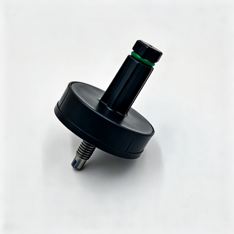 Black A/C pipe bracket with curved base, threaded pin, and green connector