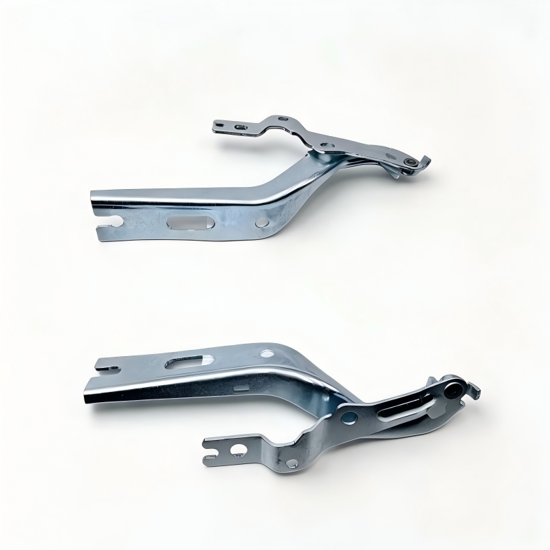 Pair of steel hood hinge brackets with bushing, silver gray metal