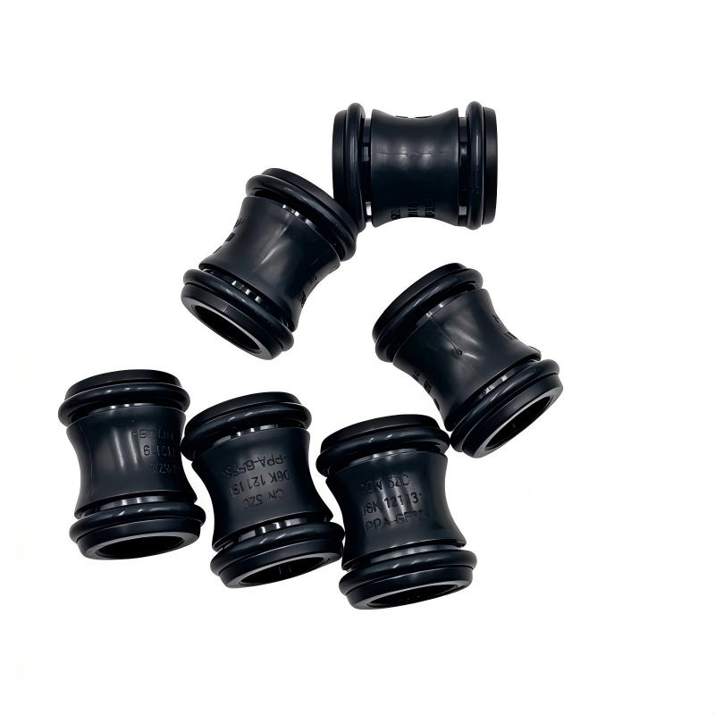 Set of black coolant hose connectors with ribbed fittings, multiple angled elbows