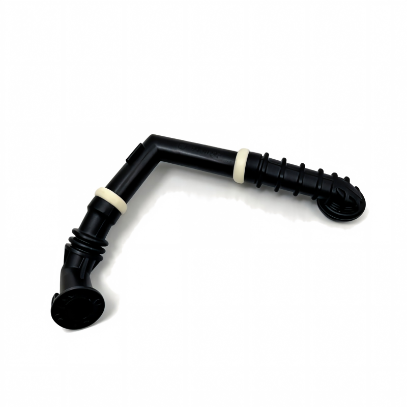 Black L-shaped coolant hose with two ports and white seal rings