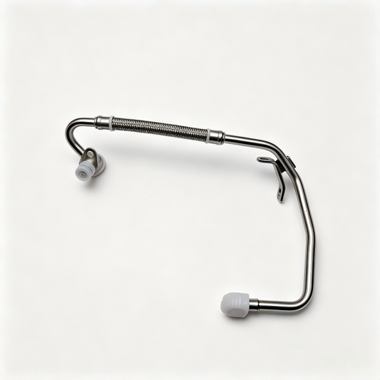 Turbo boost pipe assembly with braided section, curved metal tubes, and two mounting ports