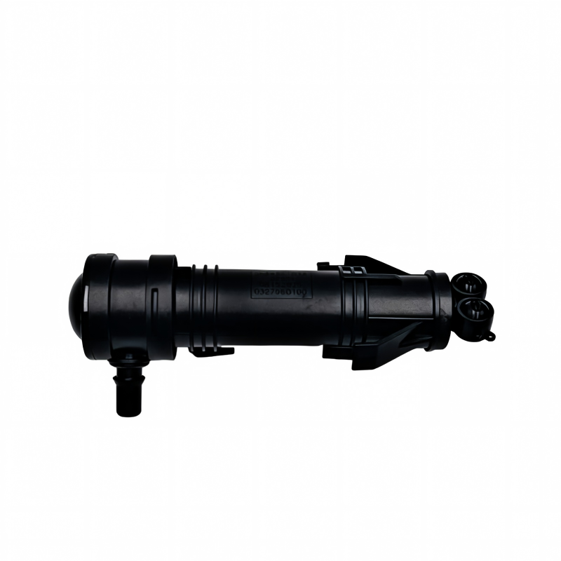 Black headlight washer nozzle sprayer, side view with central outlet and brackets