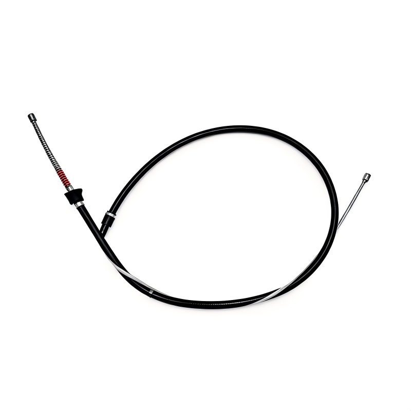 Parking brake cable with black Y-junction, braided metal sections, and red spring segment