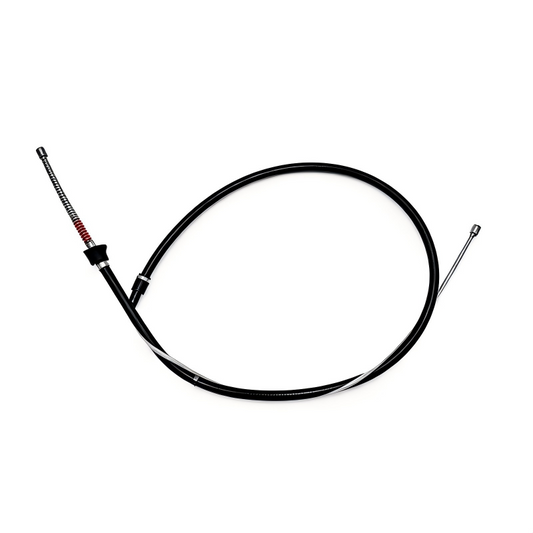 Parking brake cable with black Y-junction, braided metal sections, and red spring segment