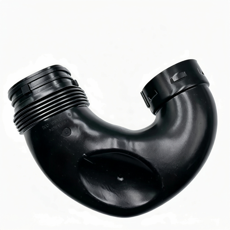 Black air intake hose elbow with ribbed inlet and curved U-shape for tubing