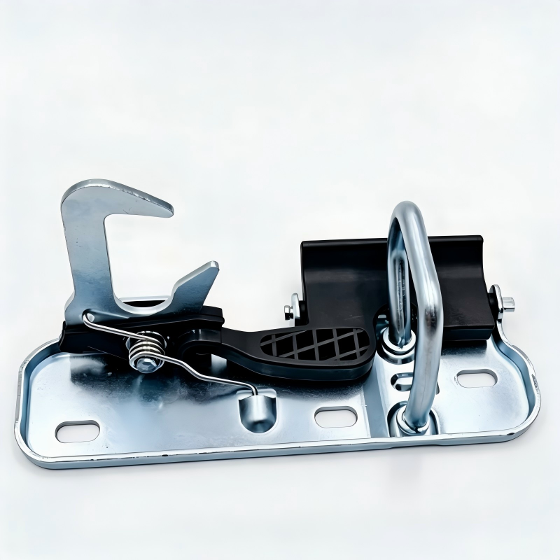 Metal hood latch with curved silver spring and black latch bracket