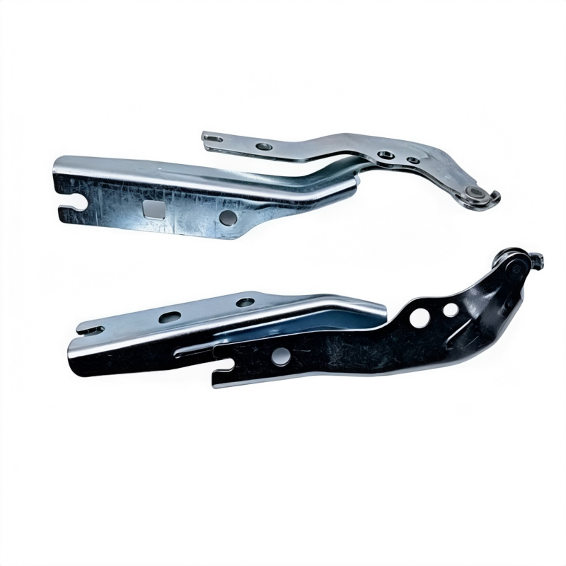 Hood hinge set with two silver arms and dark brackets, pivot joints and mounting holes
