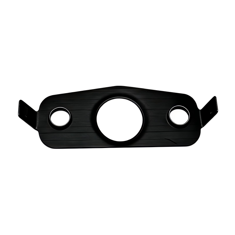Black oil line seal bracket with large center hole and side mounting tabs
