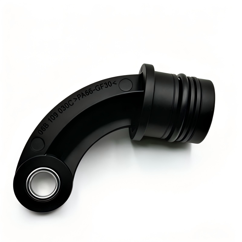 Black ribbed engine block plug with threaded end and two metal insert ports
