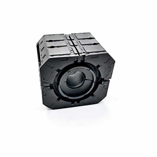 Black stabilizer bar bushing bracket with circular opening and raised mounting tabs
