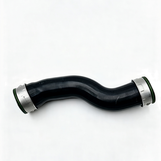 Turbo boost pipe with black rubber hose and silver metal couplers