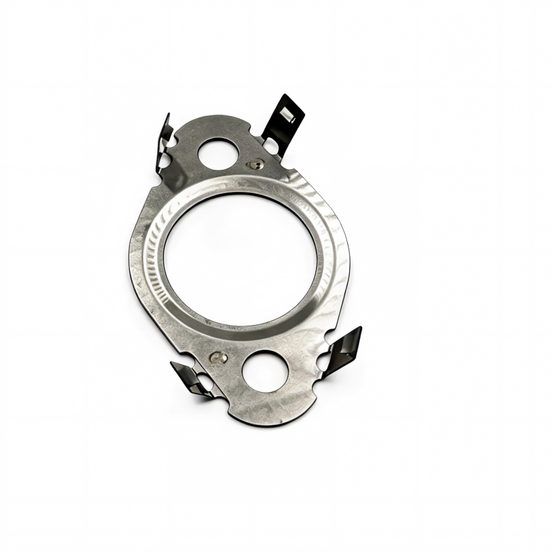 Metal oil line seal housing ring with embossed sealing groove and mounting clips