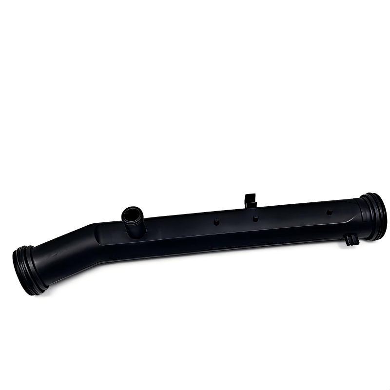 Black coolant hose with two ribbed ends and central mounting tab