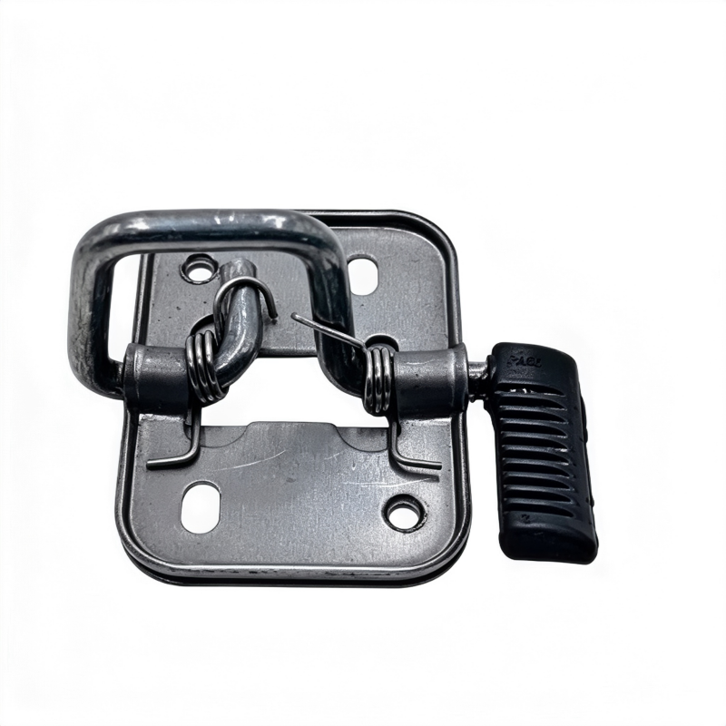 Metal hood latch release assembly with black pull handle and spring-loaded loop