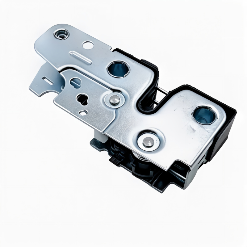 Hood latch assembly with silver metal bracket, black release lever, and screw points