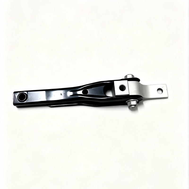 Black subframe mounting bracket bar with circular openings and silver cross plate