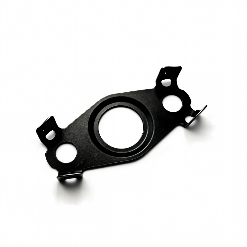 Oil line seal gasket with circular ring, black metal with side mounting tabs