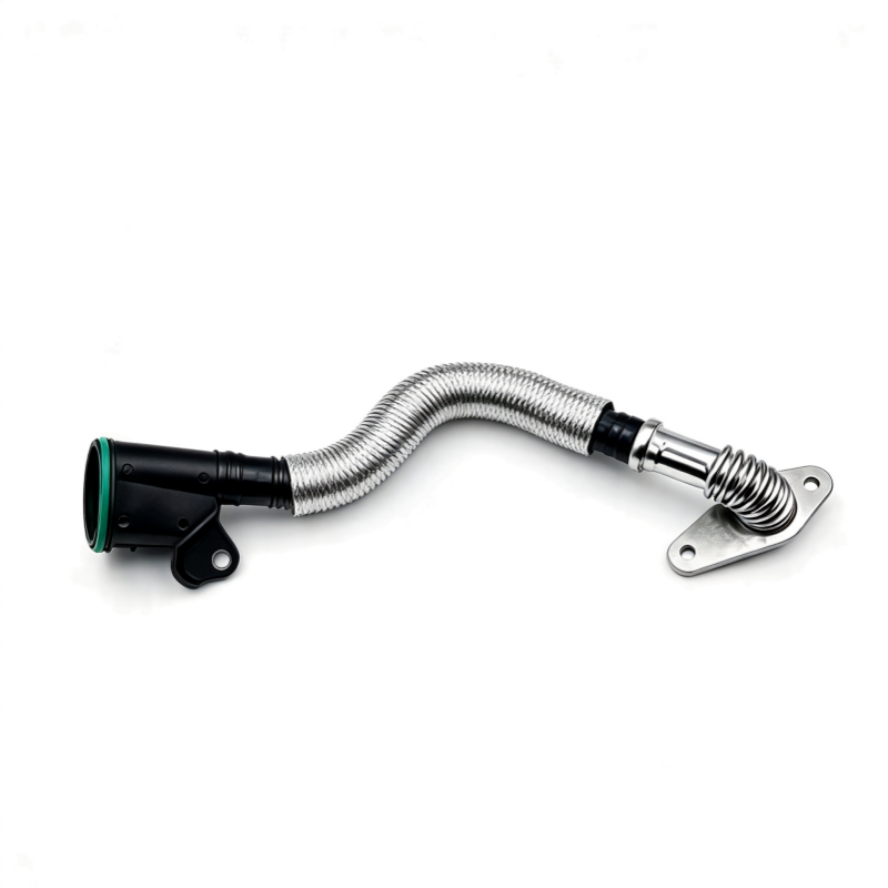 Flexible corrugated oil separator hose with silver metal end and mounting bracket