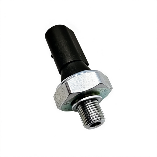 Oil pressure switch with hex metal body, threaded connector, and black plastic cap