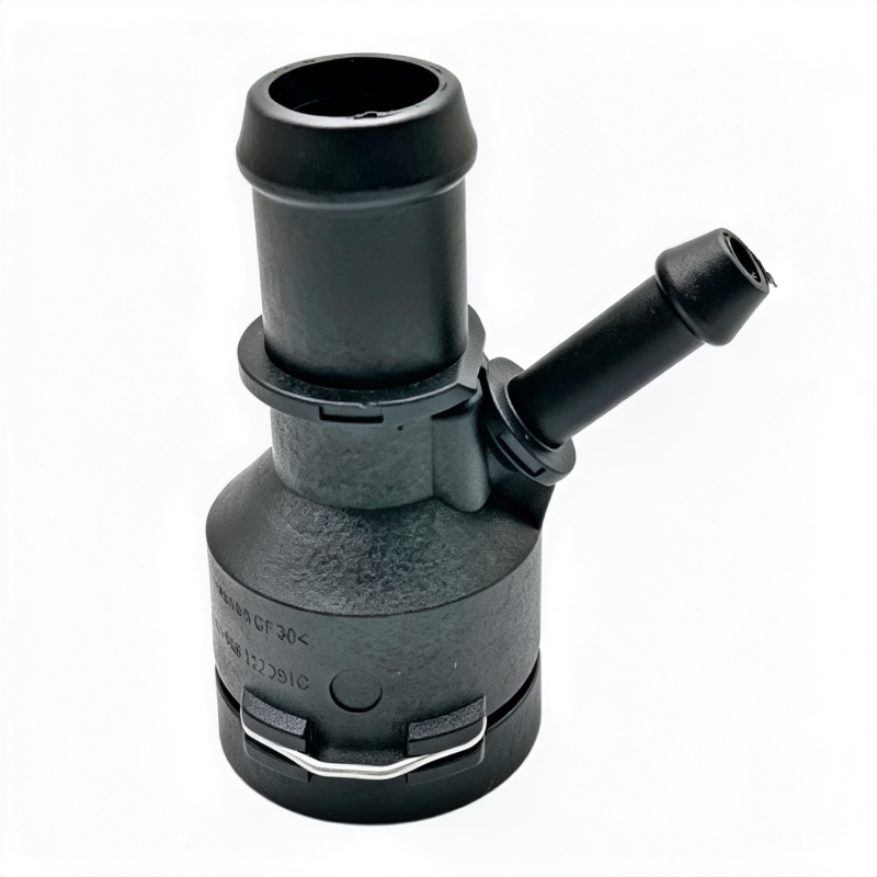 Coolant hose connector with top inlet and side hose nipple, black plastic
