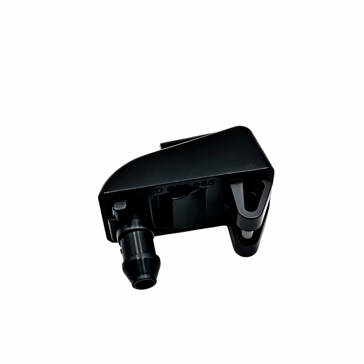 Windshield washer nozzle, black plastic angled housing with outlet tip