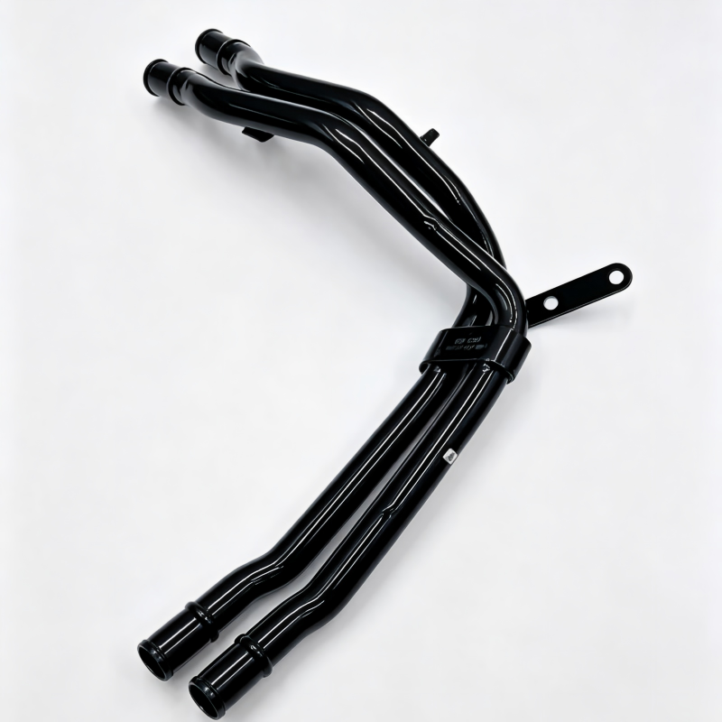 Black engine coolant pipe with curved bends and flange mounting plate