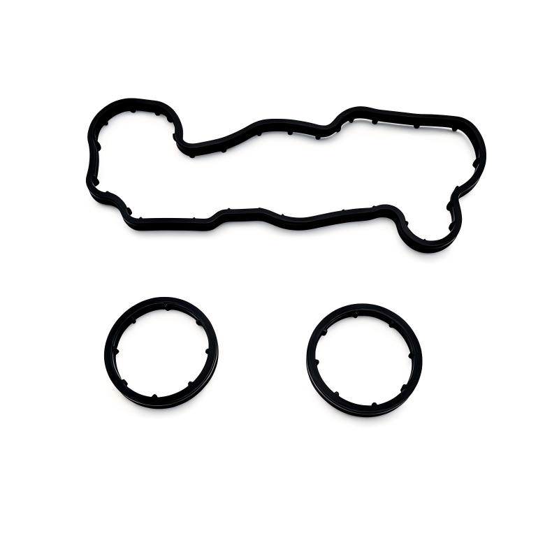 Oil cooler seal set with long gasket and two circular seals, black rubber