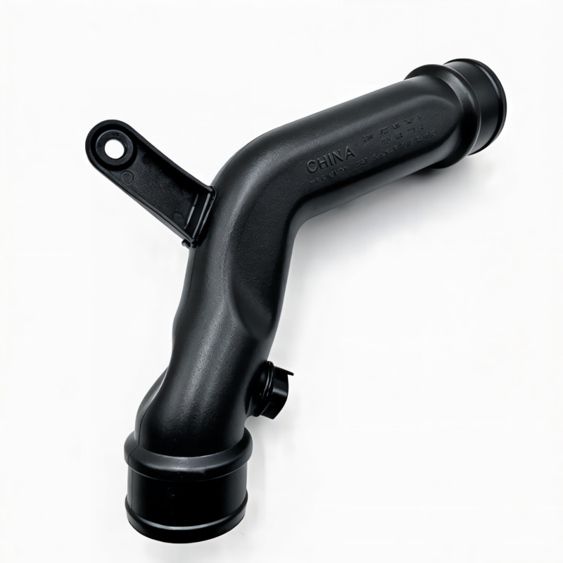 Black turbo boost pipe with mounting ear and embossed markings