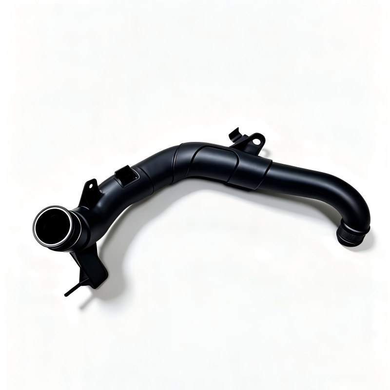 Black turbocharger boost pipe with two coupler openings and mounting bracket