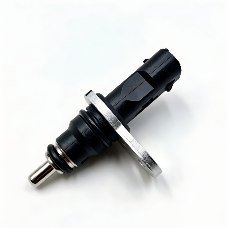 Coolant temperature sensor with circular mounting plate and black connector housing