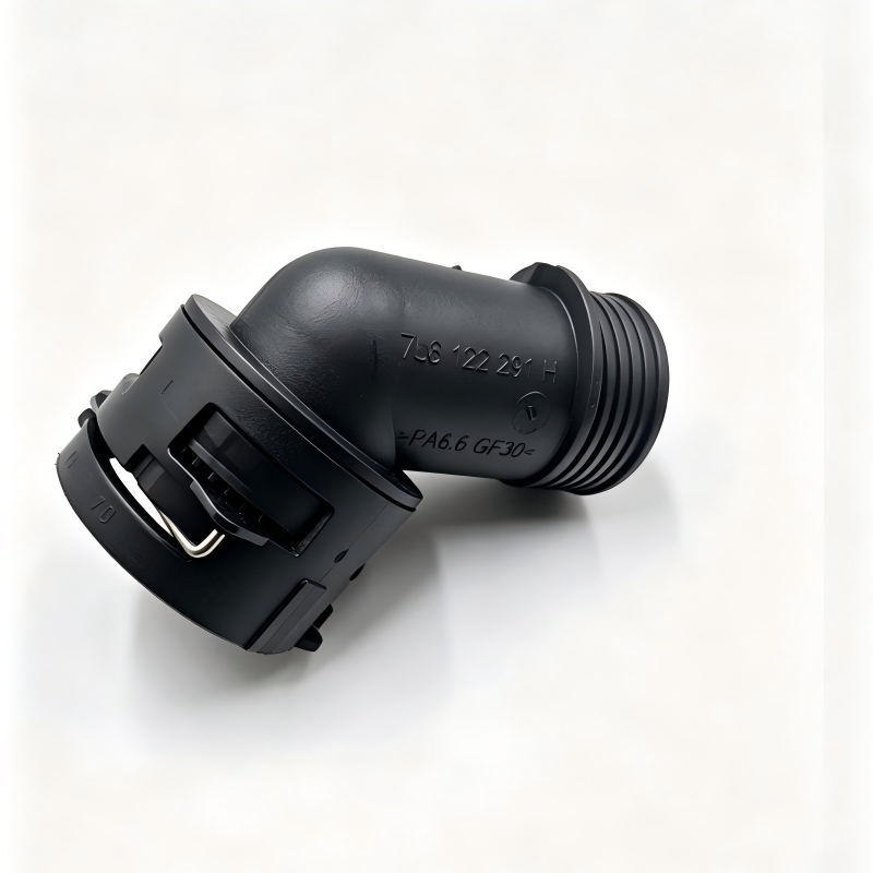 Black coolant hose connector with curved body, ribbed end, and latch-style mounting clip