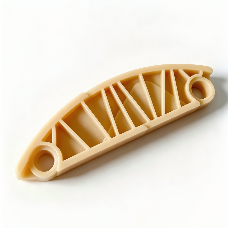 Timing chain guide rail, beige ribbed plastic with two round mounting holes