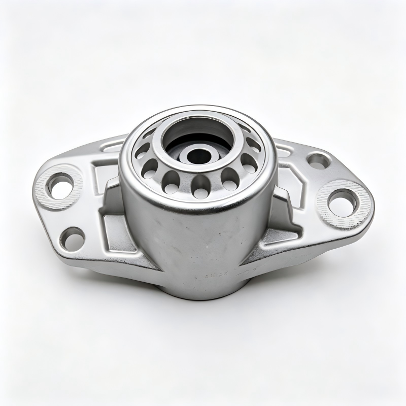 Rear shock mount bracket with round opening and three side mounting pads, silver